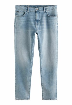 Jasnoniebieskie jeansy z denimu o prostym kroju, z pięcioma kieszeniami i widocznym zapięciem na guzik. Charakteryzują się subtelnym blaknięciem i detalami przeszyć.