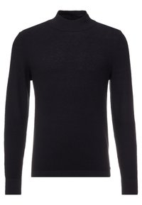 Pull noir à col roulé à manches longues, coupe slim avec des détails côtelés aux poignets et au col.