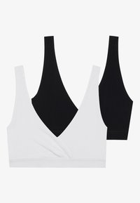 Due bralette in bianco e nero, caratterizzate da un design a V, texture senza cuciture e spalline larghe per il supporto. Nessun dettaglio hardware visibile.