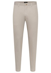Pantaloni bej deschis, croiți, dintr-un material texturat, cu închidere prin buton frontal și curea. Croi slim cu picioare conice.