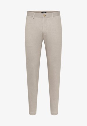 Helle beige maßgeschneiderte Hosen aus strukturiertem Stoff, mit vorderem Knopfverschluss und Gürtelschlaufen. Slim Fit mit schmal zulaufenden Beinen.