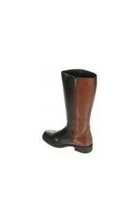 Stivali in pelle al ginocchio con pannelli neri e marroni, zip laterale, punta arrotondata e suola in gomma testurizzata per una migliore aderenza.