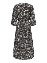Robe midi noire avec motif de points beige irréguliers, manches trois-quarts bouffantes et ceinture cintrée à la taille, vue de dos.