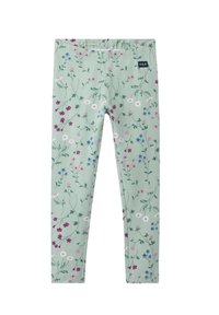 Kukalliset legginsit vaaleanvihreästä kankaasta, jossa on sekoitus vaaleanpunaisia, sinisiä ja valkoisia kukkia. Legginsseissä on mukava vyötärö ja muotoiltu istuvuus.