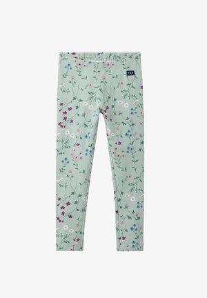 Bloemenlegging in een lichtgroene stof met een mix van roze, blauwe en witte bloemen, voorzien van een comfortabele tailleband en een getailleerde pasvorm.