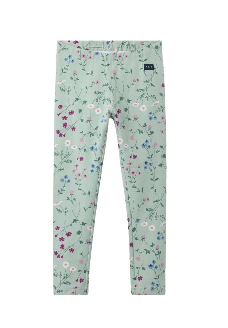 Kukalliset legginsit vaaleanvihreästä kankaasta, jossa on sekoitus vaaleanpunaisia, sinisiä ja valkoisia kukkia. Legginsseissä on mukava vyötärö ja muotoiltu istuvuus.