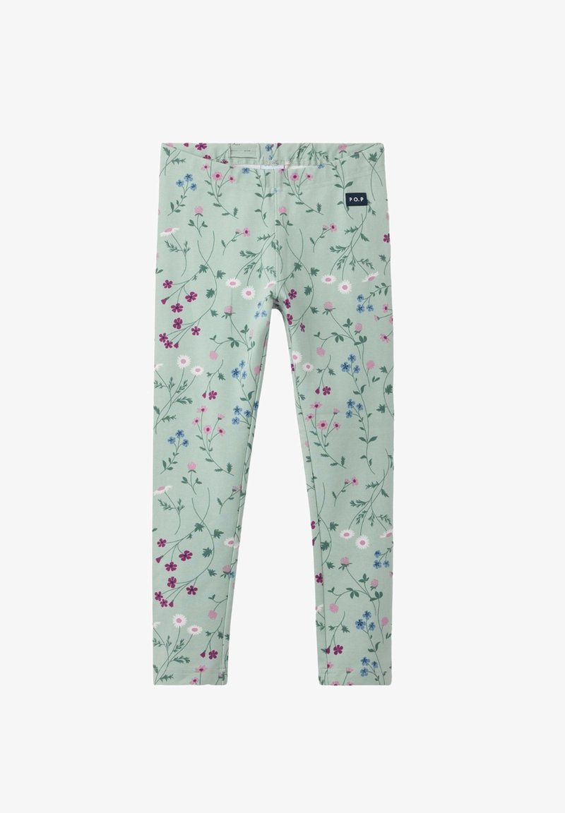 Blomstrede leggings i lysegrøn stof med en blanding af pink, blå og hvide blomster, med en komfortabel talje og skræddersyet pasform.