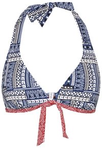 Trekantet bikini topp med en blanding av blå, hvite og røde mønstre. Har en halterneck knytning og en frontbue. Teksturert stoff med geometriske design.