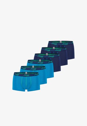 Six men's boxer briefs in two shades of blue, arranged in a staggered row, with branded elastic waistbands.