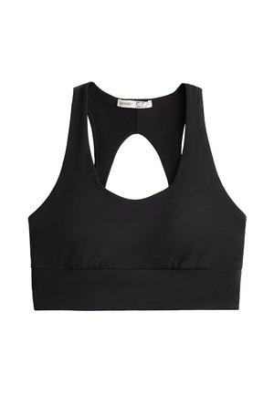 Schwarzer Sport-BH mit rundem Ausschnitt und einem Ausschnitt auf der Rückseite. Hergestellt aus glattem Material mit tailliertem Design und ohne Verzierungen.