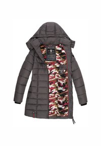 Grå vadderad jacka med huva. Inre foder har ett mångfärgat camouflage-mönster. Inkluderar en etikett och dragkedjestängning. Långa ärmar.