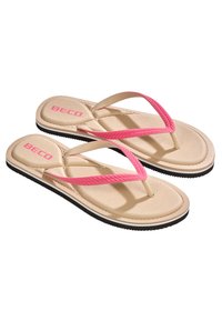 Rosa und beige Flip-Flops mit Gummiriemen, strukturiertem Fußbett, schwarzem Laufsohle und "BECO"-Logo auf der Sohle. Einfaches Design mit doppelten Riemen.