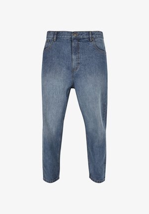 Jean en denim bleu avec un lavage moyen, fermeture avant par bouton et fermeture éclair, poches avant et arrière, et coupe droite.