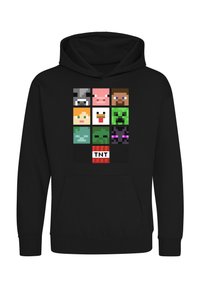 Felpa nera con cappuccio caratterizzata da una griglia di facce pixelate di personaggi di Minecraft in vari colori. Include un blocco TNT in basso.