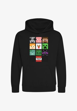 Černá mikina s kapucí, která zobrazuje mřížku pixelovaných tváří postav z Minecraftu v různých barvách. Na spodní části je blok TNT.
