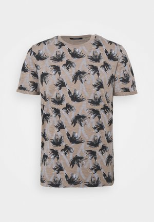 Beige t-shirt med korte ærmer med et abstrakt sort blomstermønster over det hele og lysegrå penselstrøg.