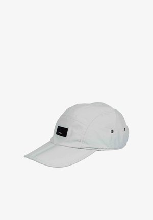 Light gray cap made from fabric, featuring a black rectangular patch on the front, a curved bill, and reinforced stitching with eyelets.