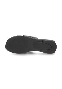 Zwarte sandaalzool met een gestructureerd rubberen oppervlak, heeft een ronde vorm en een lichte hak. Bevat groeven voor grip en ondersteuning.