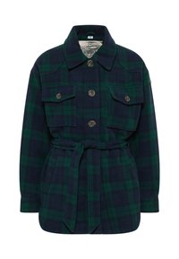 Giacca a quadri in blu navy e verde, con colletto, due taschini sul petto, bottoni e vita con cintura. Tessuto morbido e testurizzato.