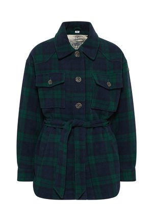 Giacca a quadri in blu navy e verde, con colletto, due taschini sul petto, bottoni e vita con cintura. Tessuto morbido e testurizzato.