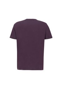 Lila T-Shirt mit kurzen Ärmeln, aus Baumwolle. Hat einen Rundhalsausschnitt, eine glatte Textur und eine lässige Passform. Keine Grafiken oder Muster.