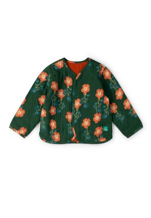 Green long-sleeve quilted jacket with orange floral print, front buttons, rounded hem, and an orange inner lining.