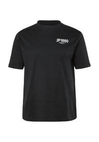 Czarna bawełniana koszulka z okrągłym dekoltem, krótkimi rękawami i białym nadrukiem logo "JP1880" na lewej piersi. Brak wzorów i ozdób.