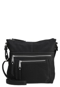 Borsa a tracolla in pelle nera testurizzata con fascia regolabile, due tasche anteriori con zip e tirazip in metallo argentato.