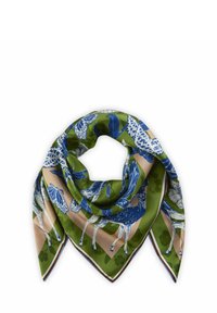 Zijden sjaal in het groen met blauwe dieren- en bladrandprints. Heeft een driehoekige vorm en een contrasterende rand met bruine en witte accenten.