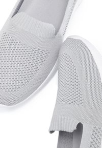 Gray slip-on shoes with a knitted upper, featuring a textured pattern and a white rubber sole. Open heel design for easy wear.