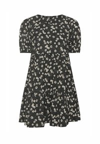 Lyhythihainen musta mekko, jossa on kukkakuosi, valkoisia ja keltaisia kukkia, gathered vyötärö ja liehuva helma. Silkkinen pinta.