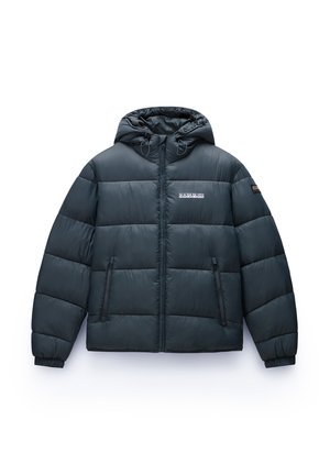 Granatowa puchowa kurtka z kapturem, z zamkiem błyskawicznym z przodu, dwoma kieszeniami na zamek, elastycznymi mankietami oraz logo marki na klatce piersiowej i lewym rękawie.