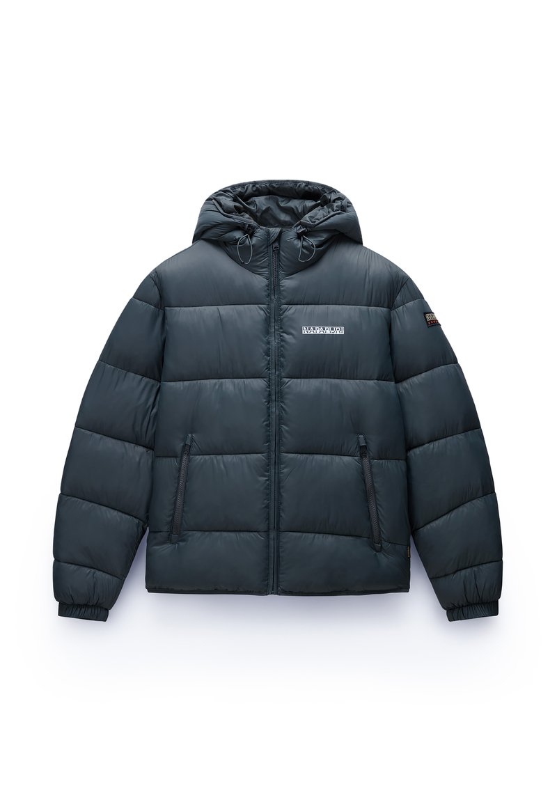 Dunkelblaue gepolsterte Kapuzenjacke mit Frontreißverschluss, zwei Reißverschlusstaschen, elastischen Bündchen und Logo der Marke auf der Brust und dem linken Ärmel.