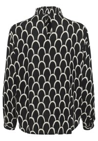 Blusa nera con motivo ad arco bianco, maniche lunghe, colletto alto e piccolo dettaglio di apertura sul retro; realizzata in tessuto leggero.