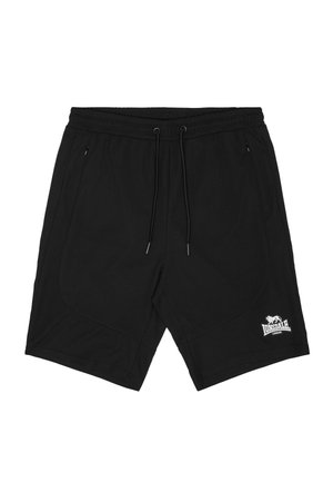 Mustat urheilushortsit, joissa on kiristysnyöri vyötäröllä, sivutaskut ja valkoinen Lonsdale London -logo vasemman jalan alaosassa.