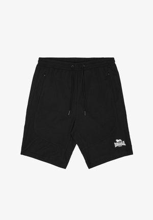 Schwarze Sportshorts mit Kordelzug am Bund, seitlichen Taschen und weißem Lonsdale London Logo am unteren linken Bein.