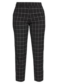 Pantalon à carreaux noirs avec motif de grille blanche, coupe ajustée, jambes fines et poches avant. Tissu lisse avec un léger éclat.