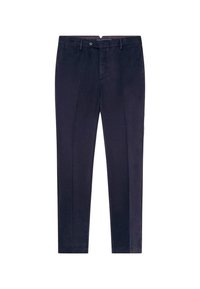 Marineblaue taillierte Hosen aus Baumwollmischung. Mit flachem Bund, Gürtelschlaufen und Reißverschluss mit Knopfschluss. Glatte Textur, schmal geschnitten.