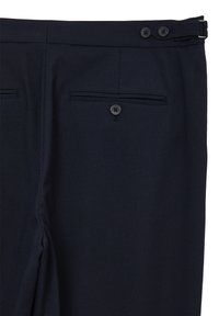 Marineblaues, maßgeschneidertes Hochwasser-Gewand mit einem subtilen Karomuster, zwei Gesäßtaschen mit Knöpfen und einem eleganten Bund mit doppelt geknöpftem Verschluss.