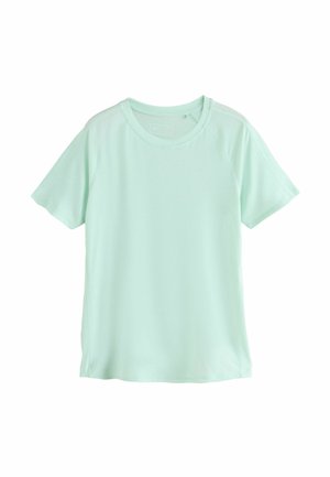 Hellgrünes kurzärmeliges T-Shirt mit Rundhalsausschnitt, entspannter Passform, schlichtem Design und sichtbaren Nähten am Kragen und den Ärmeln.