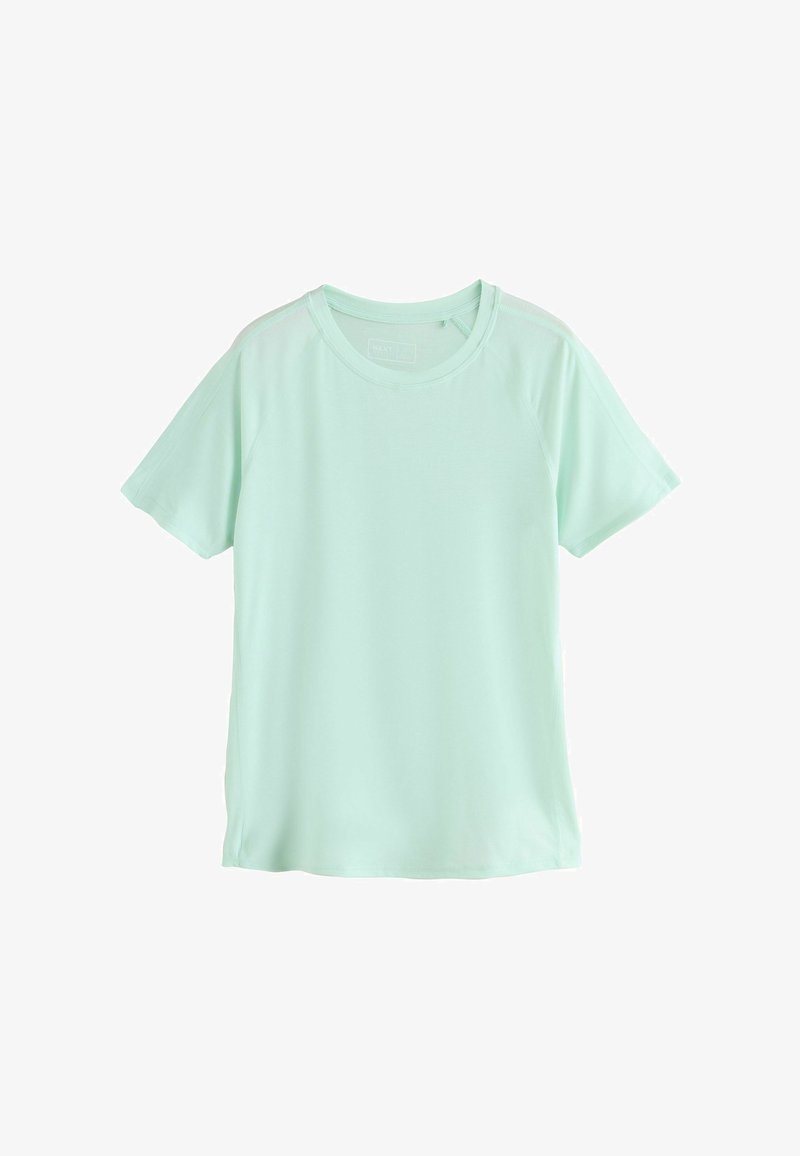 T-shirt vert clair à manches courtes avec col rond, coupe décontractée, design uni et couture visible autour du col et des manches.