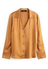 Blusa in satin bronzo con scollo a V, maniche lunghe e cinque bottoni decorativi. Presenta un colletto classico e una vestibilità su misura.
