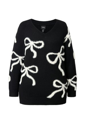 Schwarzer Pullover mit V-Ausschnitt, verziert mit fluffigen weißen Schleifenmustern. Hergestellt aus weichem Material mit lockerer Passform und langen Ärmeln.