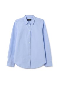 Light blue button-up shirt, long sleeves, classic collar, smooth cotton fabric, featuring white buttons and a relaxed fit.
