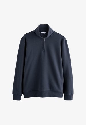 Férfi fekete hosszú ujjú pulóver, negyed cipzárral és álló gallérral, puha anyagból készült.