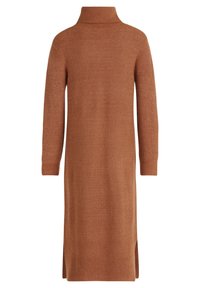 Lång, ribbad, brun stickad klänning med hög krage, långa ärmar och sidoklipp, med en texturerad tyg som ger extra värme.