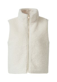 Cremfarbener Fleece-Weste mit hohem Kragen, Frontreißverschluss und strukturiertem Stoff. Ohne Ärmel und mit einem weichen, gemütlichen Aussehen.