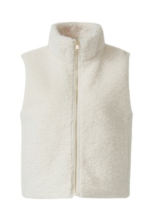 Crème-kleurige fleece vest met een hoge kraag, ritssluiting aan de voorkant en een gestructureerde stof. Geen mouwen, met een zachte en comfortabele uitstraling.