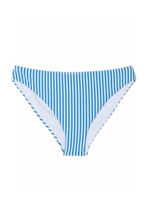 Dół od bikini w pionowe niebiesko-białe paski z klasycznym krojem, od środka podszyty białym materiałem.