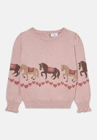 Rosa gestrickter Pullover mit einer Reihe von Pferden mit Sätteln und Herzmustern am Saum. Puffärmel und Rüschensäume runden das Design ab.